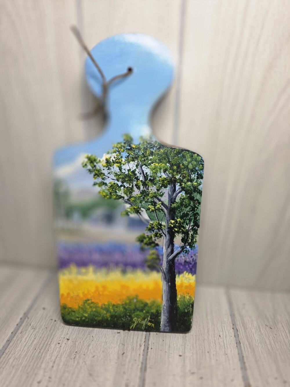 Vintage Hand Painted Floral Landscape Scene Cutting/Bread Board Signed Grafton